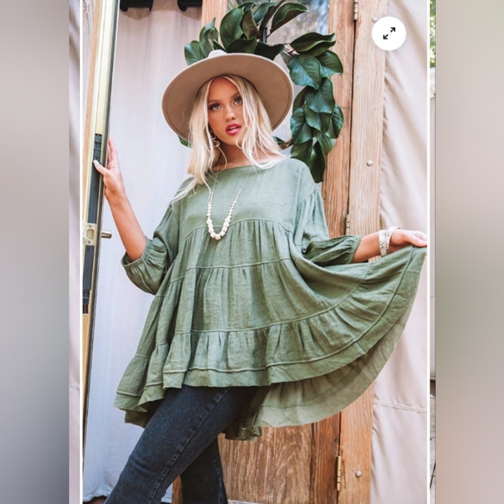 Bohemian Olive Green Tiered Peasant Blouse - Picture 2 of 16